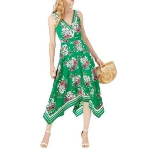 Vince Camuto Green Floral Handkerchief Hem Midi Dress V-Neck Women Size 10